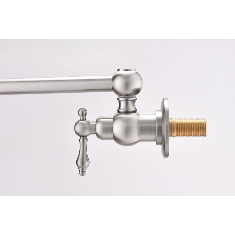 Brushed Nickel Pot Filler Faucet For Kitchen, Wall Mount With Foldable Feature, Double Handles Controlled Water Flow, Corrosion Construction Mounted In Nickel, 360 Rotation And Foldable, Consistent