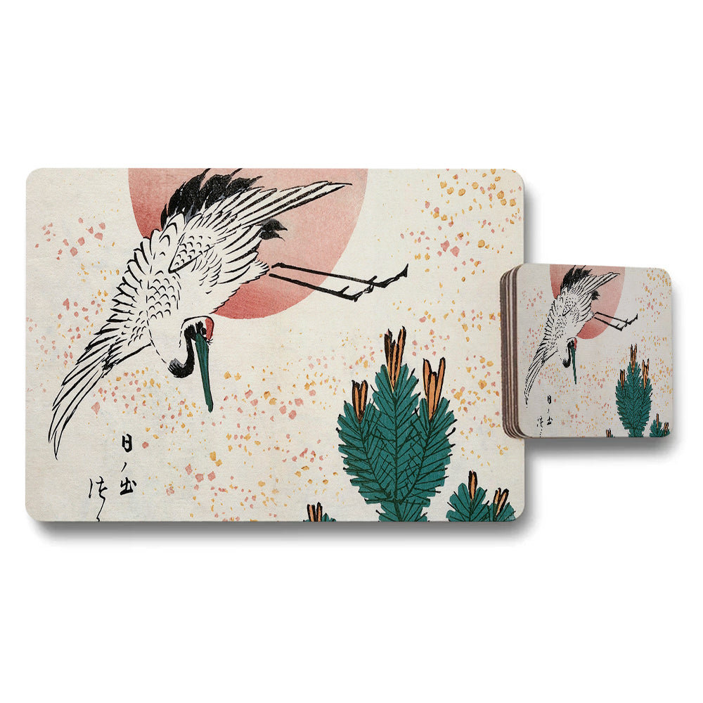 Crane Design Placemat And Coaster Set With Sunset Artwork