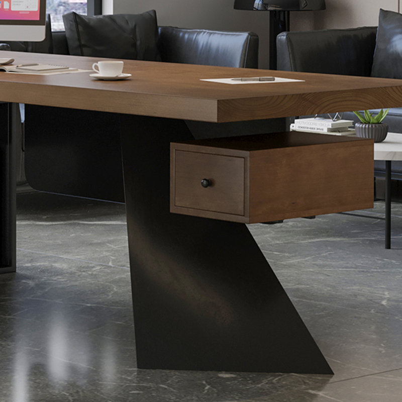 Tan+Black Rectangular Solid Wood+Iron desks, 29.53" H x 94.49" W x 31.5" D, Left Hand Return