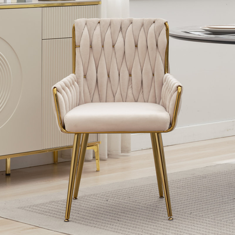 Velvet Desk Chair No Wheels, Modern Woven Armchair with Gold Metal Legs & Armrest, Cute Vanity Makeup Chair for Teen Girls, Living Room, Beige