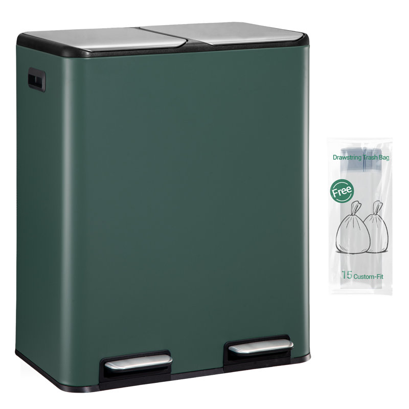 Kitchen Bin, Recycling Bins, Pedal Bin with Lid, Stainless Steel Kitchen Bins Recycling and Waste, Silent Slow-Down Closing Lid, With 15 Exclusive Trash Bags