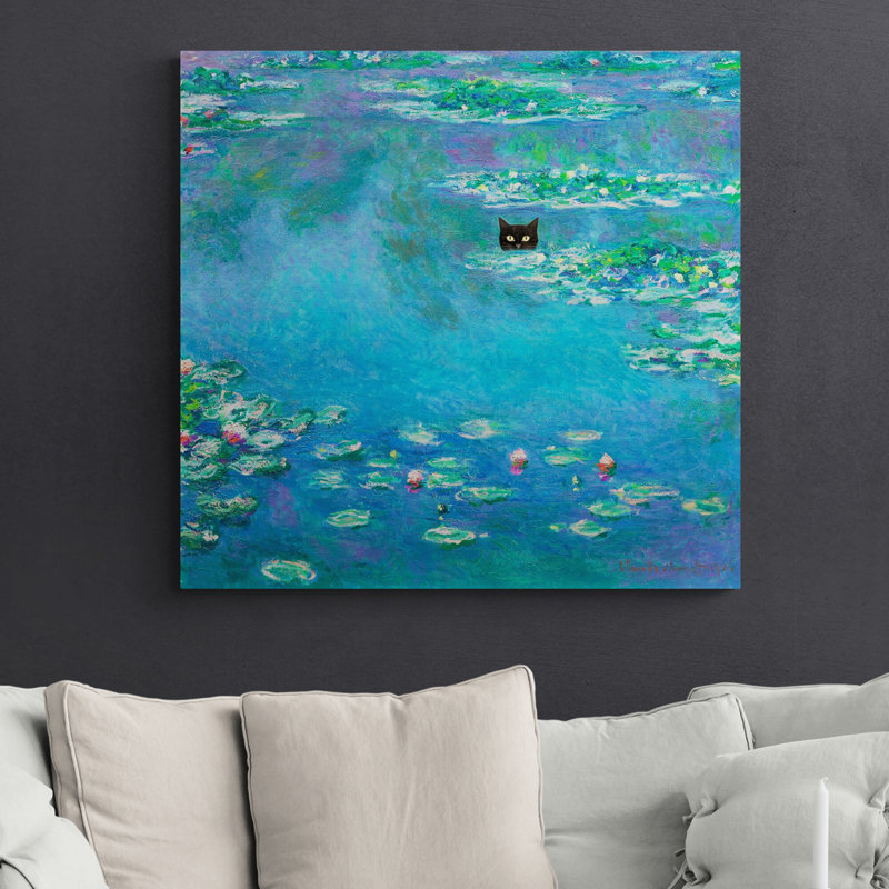 Monet Water Lillies With Black Cat by Claude Monet - Wrapped Canvas Print, 76cm H x 76cm W
