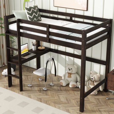 Twin Loft Bed With Desk & Guardrails, Rubber Wood Espresso