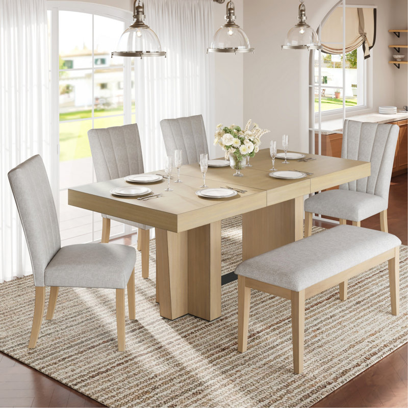 Ensemble de table de salle à manger en bois extensible Farmhouse, Beige, Naturel, Beige