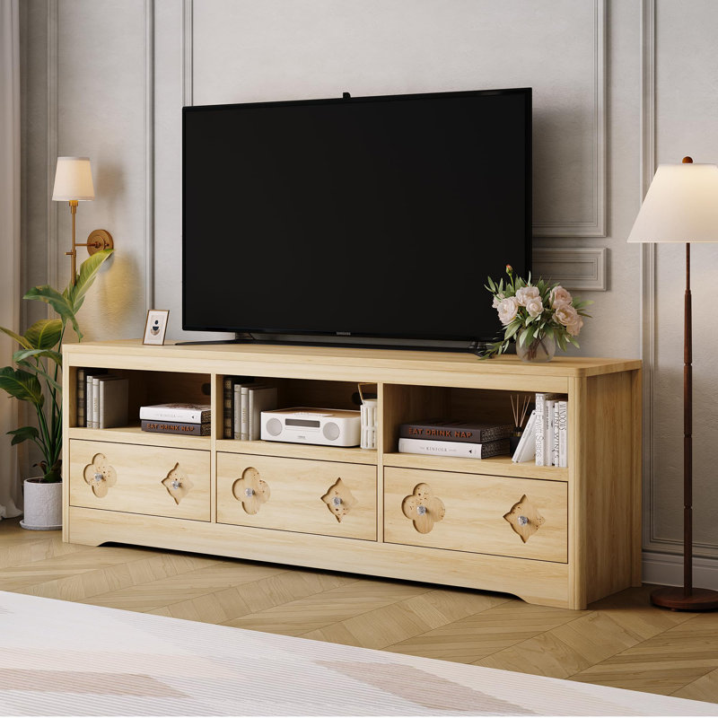 70" Mid-Century Modern TV Stand for TVs up to 85", Entertainment Center with Carved Drawer & Open Storage Shelf, Natural