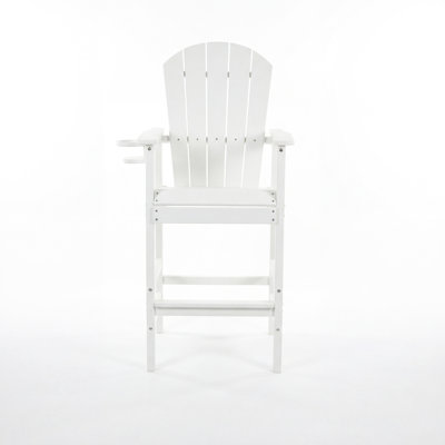 Chaise de bar haute tout temps avec porte-gobelet, blanche, idéale pour terrasse, patio, véranda, jardin et piscine.
