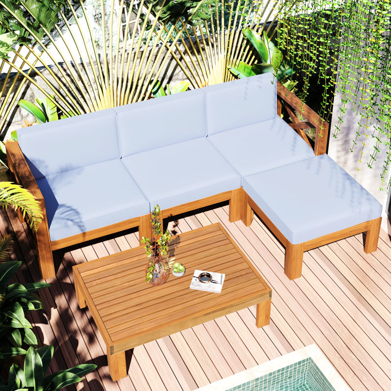5 canapés modulaires d'extérieur avec coussins, finition naturelle, gris, comprenant 2 canapés d'angle, 1 sans accoudoirs, 1 table à thé pour groupe de jardin près de la piscine, 5, gris composé de Magnifique époque