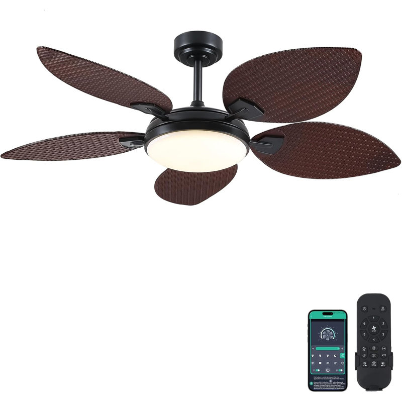 52/62" Tropical Palm Leaf Dimmable Ceiling Fans 5-blade With Lights And Remote, Dark Brown, 62" Wide