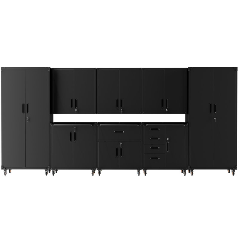 Ensemble de rangement pour garage 8 pièces, comprenant des armoires métalliques à roulettes, 3 armoires murales, 2 armoires à panneaux perforés et un coffre à outils verrouillable.