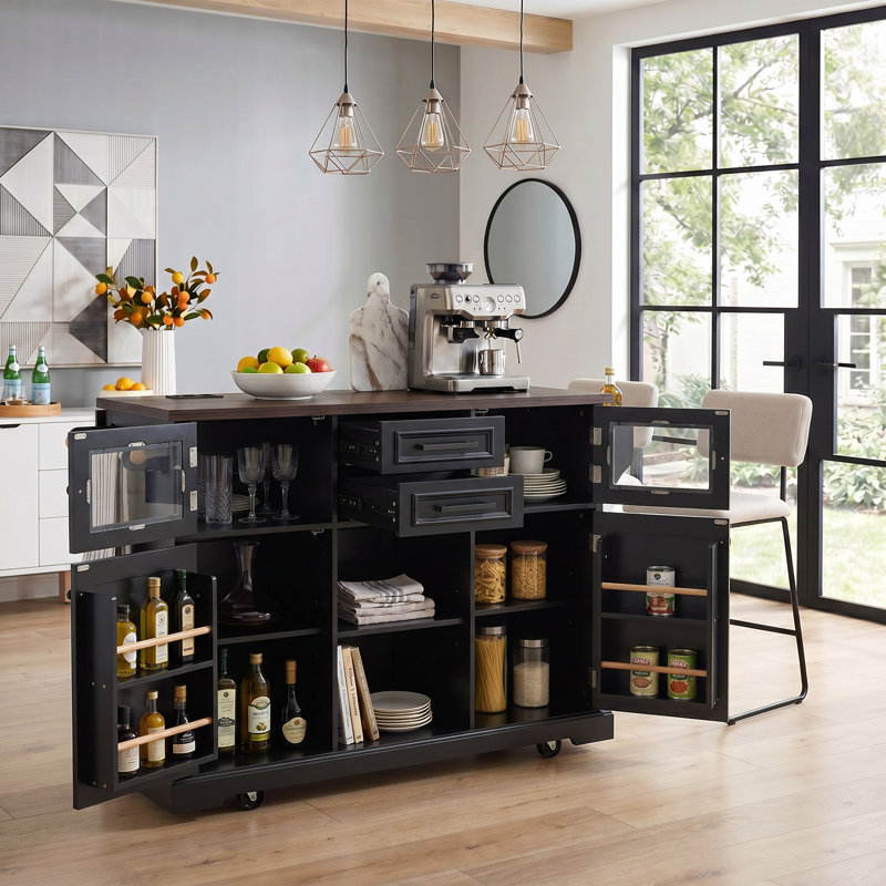 54.9" Rolling Kitchen Island with Drop Leaf, Power Outlet, 4 Storage Doors, Cross Barn Glass Doors, Lockable Wheels for Kitchen Dining Room，black