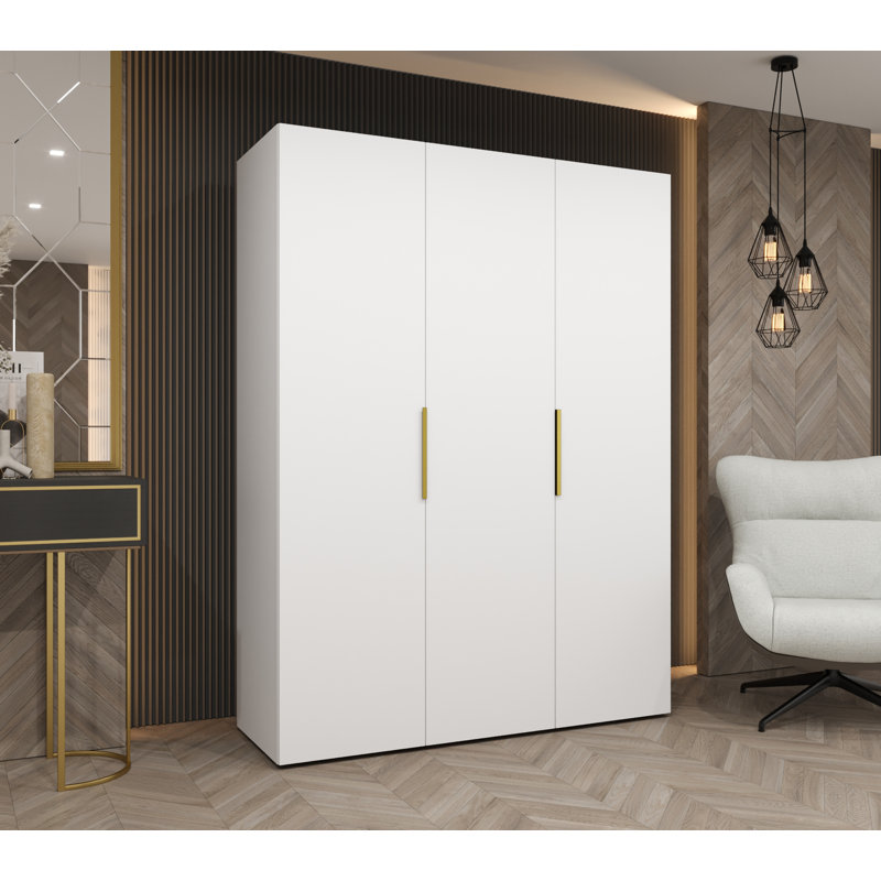 Manufactured Wood Wardrobe, white matt + handles: gold