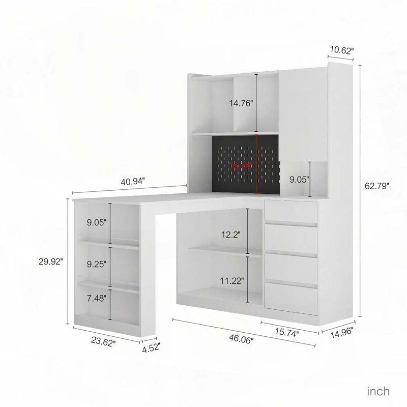 L Shaped Desk with Charger,Computer Desk with Drawers,Bookshelf, with LED Light, White