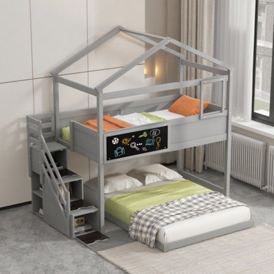 Twin Over Full House Bunk Bed With Storage Staircase, Blackboard & Playful Design – Space-saving Kids' Bed With Guardrails