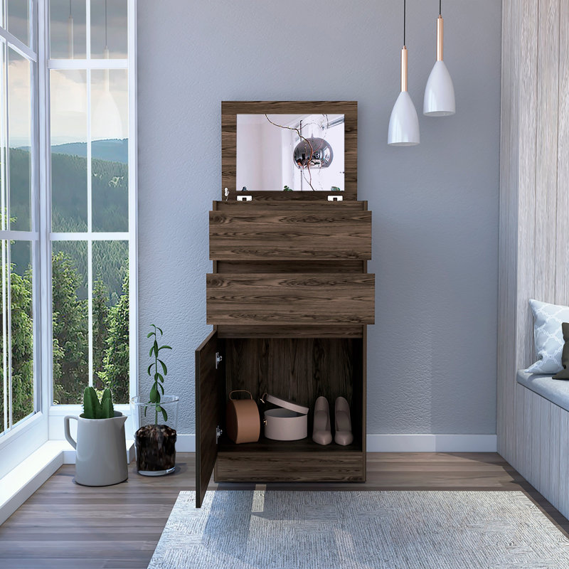 Commode en noyer foncé avec boîte à bijoux, miroir et rangement, parfaite pour les chambres à coucher organisées et élégantes
