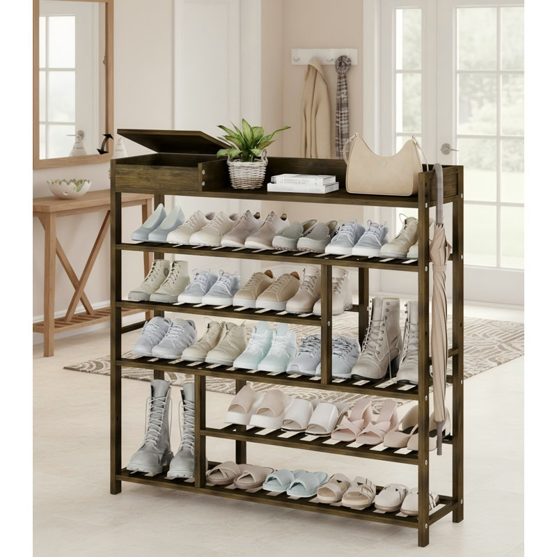 Bamboo Shoe Rack For Front Door Entry With Storage Box, Free Standing Wooden Shoe Organizer For Entryway, Closet & Doorway