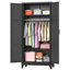 Armoire-penderie en métal avec poignée en bois, garde-robe en métal de 34 po de largeur avec tringles de suspension et tablettes réglables (noir)