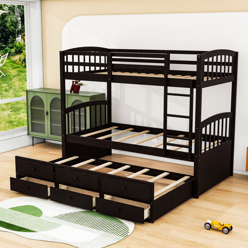 Ellaya Kids Twin Over Twin Bunk Bed with Trundle with Drawers, Espresso