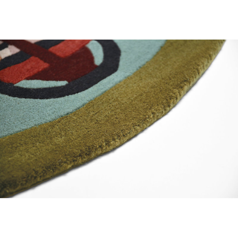 Hand Tufted Wool Area Rug in Teal/Red/Pink, Round 3'3"
