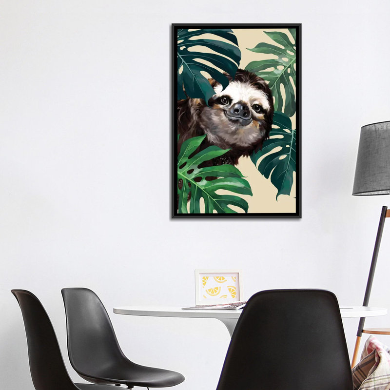 Sloth furtif avec monstera, H 40 po x l 26 po x P 1,5 po, Toile avec cadre noir