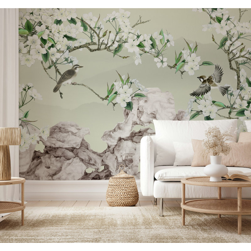 Papier peint vert cerisier cerisier en fleurs, L 75 po x l 112 po