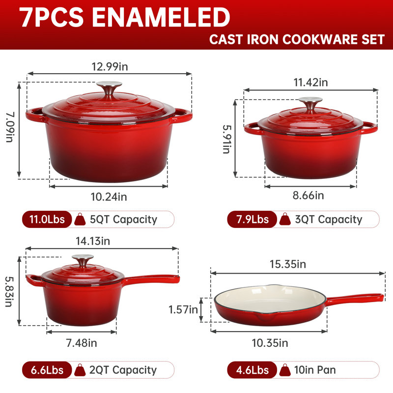 Batterie de cuisine en fonte émaillée antiadhésive Pirecart, ensemble de 7 casseroles et poêles, ensemble de cuisinière à gaz / induction, rouge