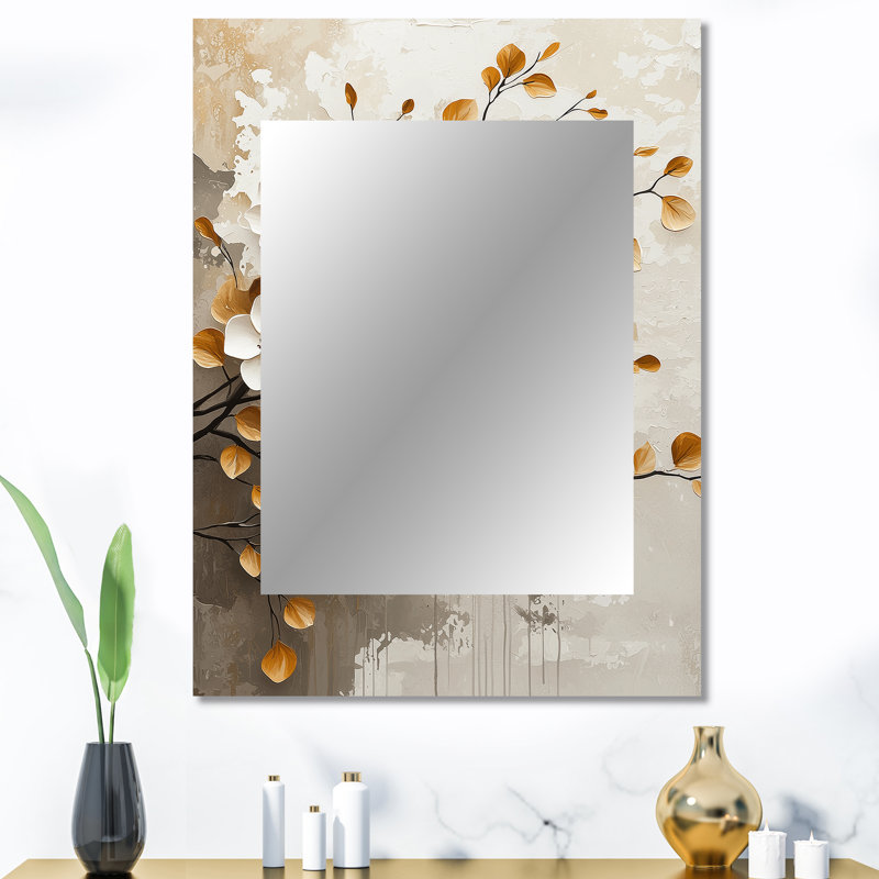 White Gold Botanical Cherry Blossom Trees - Cherry Blossom Wall Mirror, Traditional Decorative Mirror, Printed Metal Art