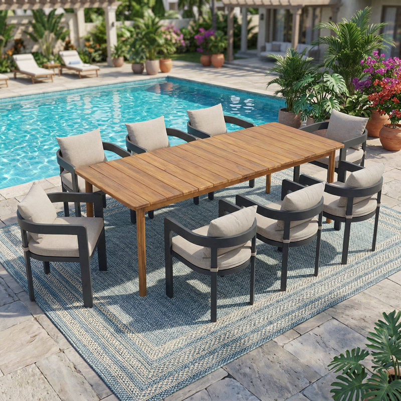 Ensemble repas d'extérieur 9 pièces avec table en bois d'acacia et chaises en aluminium Jerry