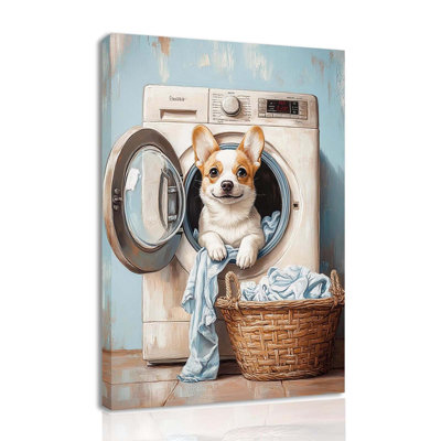 Laundry Room Canvas Frame Wall Art Laundry Sign Painting Vintage Funny Dog Artwork Decor For Wash Room Bathroom Laundromat Dry Cleaning Store