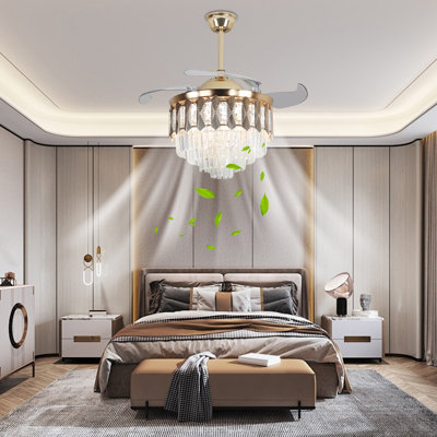 42Inch 4 - Blade Modern Indoor Retractable Blades LED Round Ceiling Fan with Remote Control
