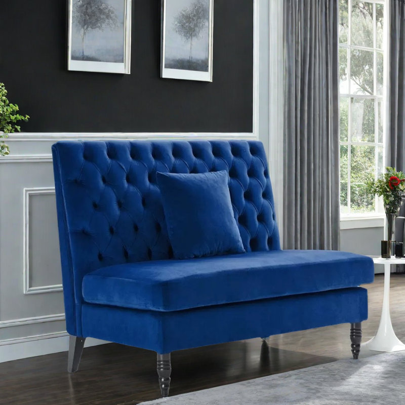 Banc rembourré en velours, Bleu, 55 po de largeur