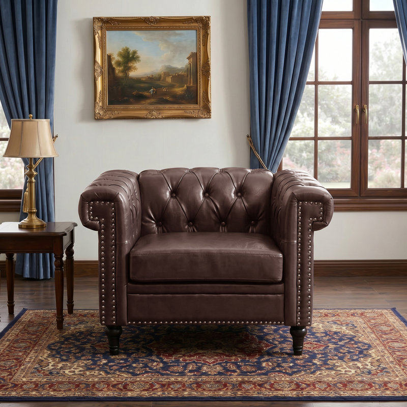Fauteuil en cuir PU capitonné avec garniture cloutée et pieds en bois massif, Brun