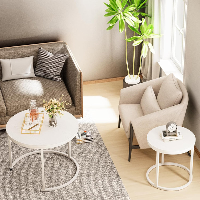 Nesting Coffee Table Round Side Table Set Of 2 End Tables For Living Room Bedroom Balcony,Wooden Stacking Accent Coffee Tables With Metal Frame