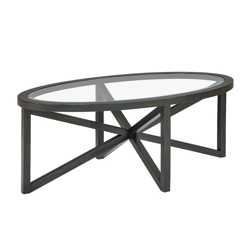 Wood 28.34"oval coffee table with glass top, Black
