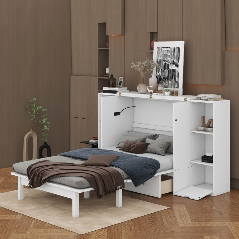 Lit escamotable avec tablettes, tiroirs et ports USB Murphy, Grand lit, Blanc