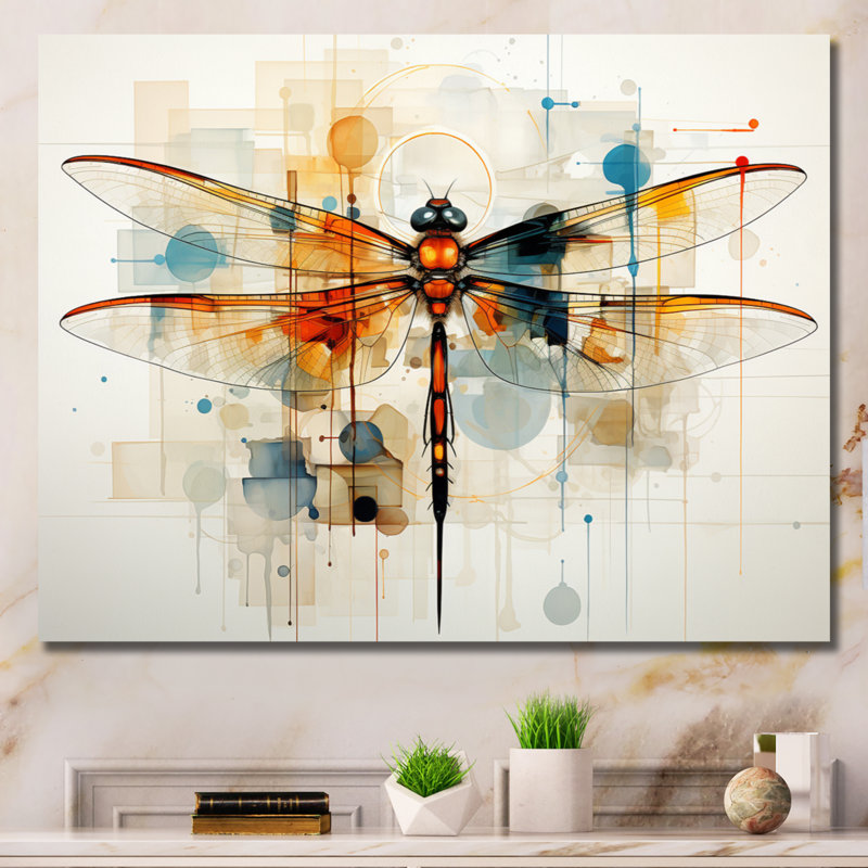 Libellule en teck vol éthéré géométrique - Libellule, art mural, Toile tendue, H 16 po x l 32 po x P 1 po