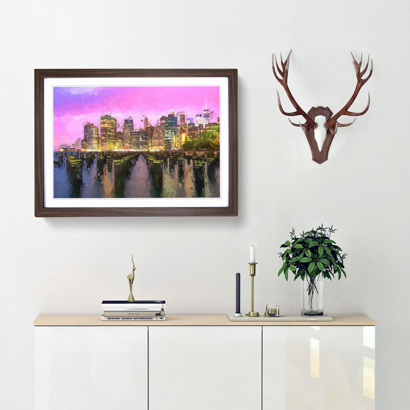 Manhattan from Brooklyn Bridge in Abstract - Framed Print, 60cm H x 91cm W x 2cm D, Walnut