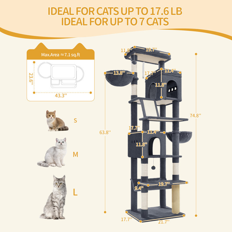 Large Sturdy Cat Tree Tower, 75 Inch Tall Pet Condo For 7 Large Cats, Cat Tree Indoor Climbing Activity Tower, 2 Large Platform/2 Cave/2 Hanging Basket/5 Scratching Post, Dark Grey