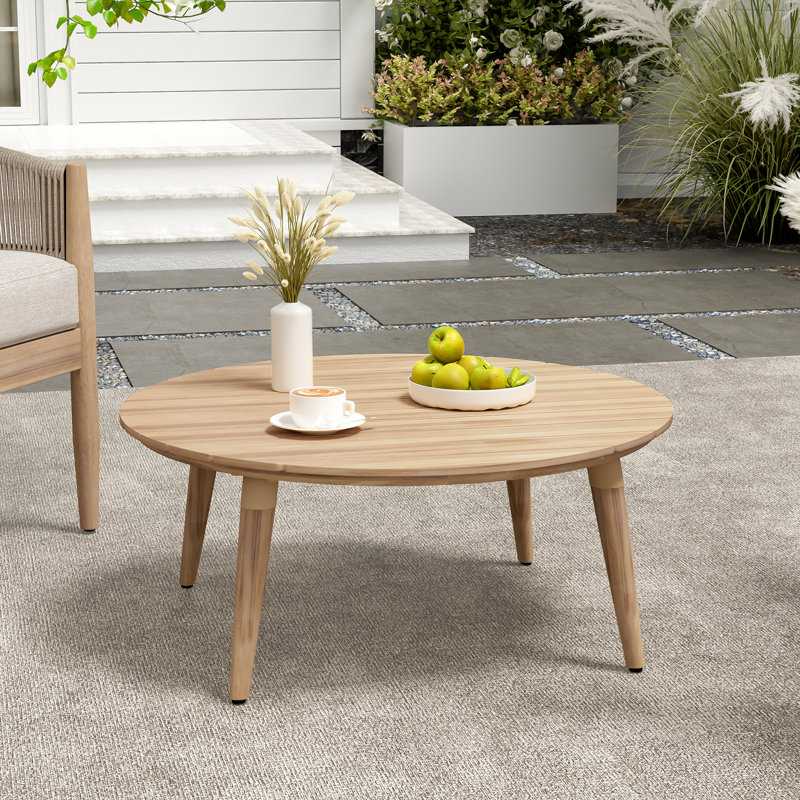 Aydin Outdoor Round Acacia Wood Coffee Table With Slatted Top
