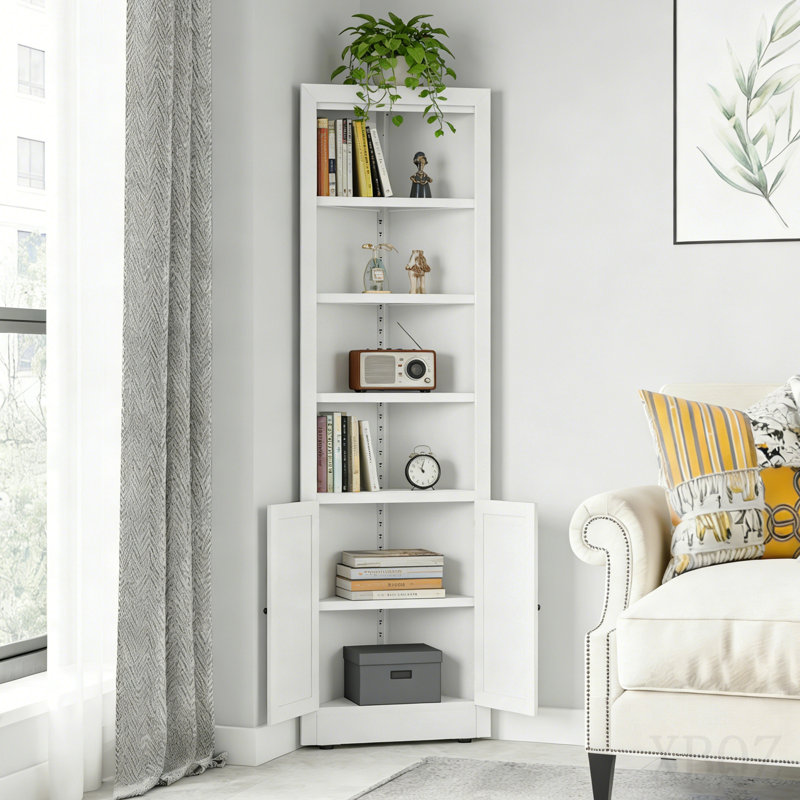 71" Tall Corner Storage Cabinet With 2 Doors, 5-Tier Metal Cabinet With Adjustable Shelves, Freestanding Kitchen Storage For Pantry, Living Room, Bathroom, Laundry Room, Space Saving Furniture, White