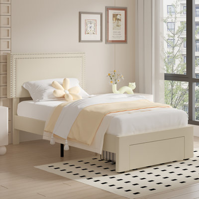 Bed with Storage Drawers Upholstered Platform Bed Adjustable with Nailhead Trim Headboard Wooden Slats Support Bed Frame