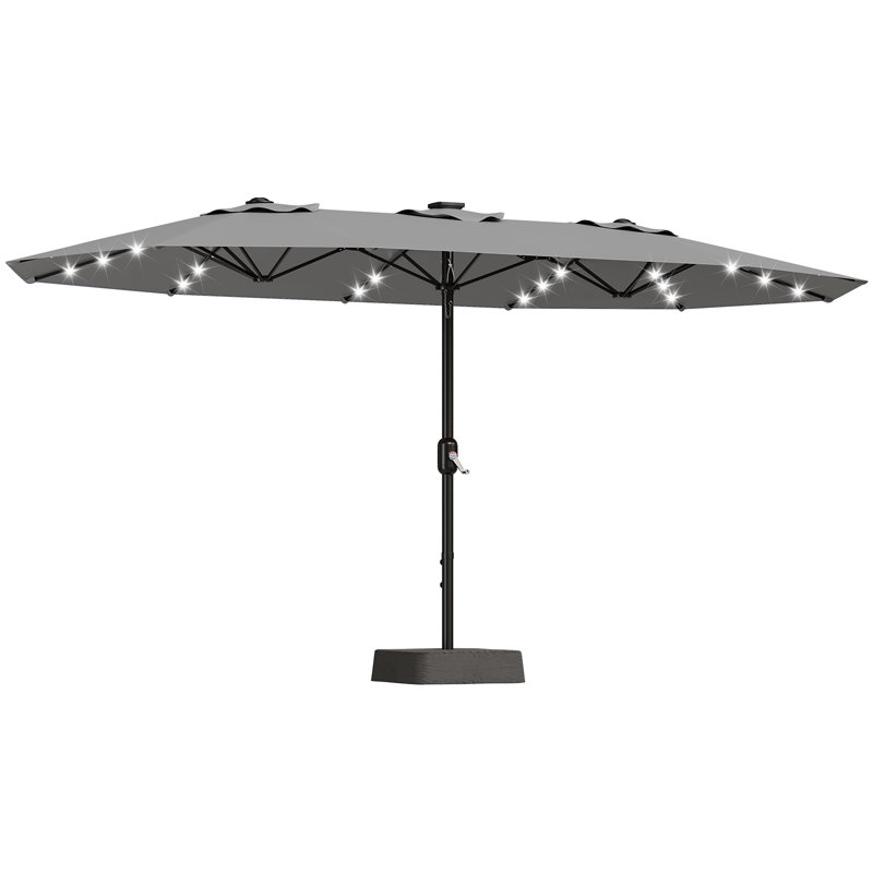 Très grand parasol de terrasse double face de 15 pi avec lumières solaires à DEL, auvent résistant à la décoloration et aux rayons UV, cadre robuste avec base pour terrasse de jardin
