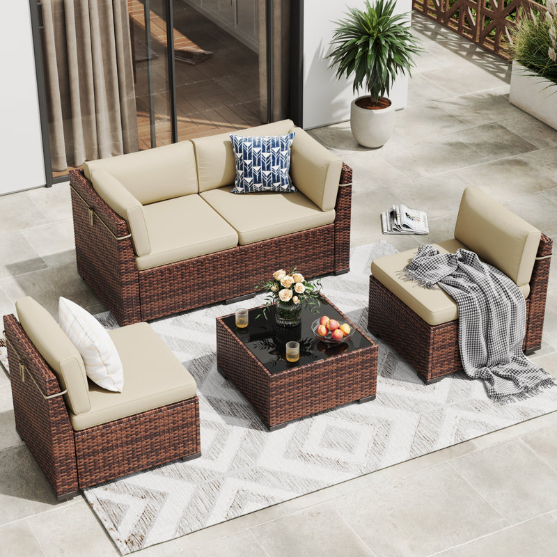Ensemble de meubles de patio 5 pièces, canapé modulaire en rotin avec dossier incliné, Beige, Brun
