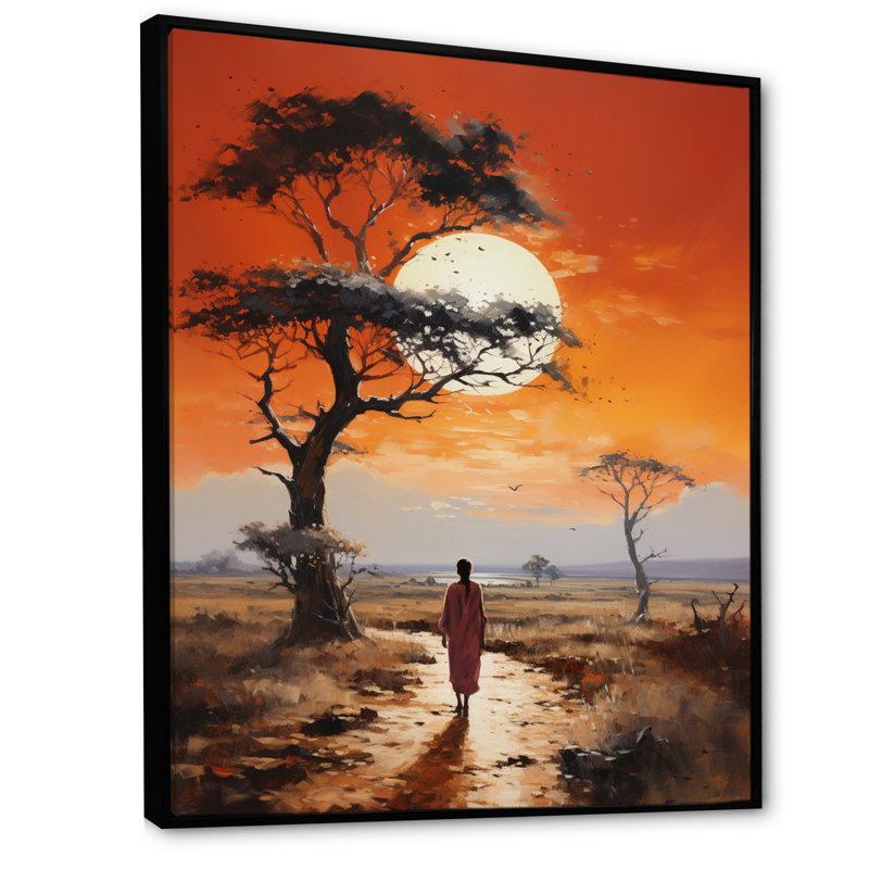 Teondre " Baobab Tree Landscape IV ", 40" H x 30" W x 1.5" D, Black Floater Framed Canvas