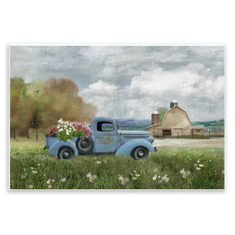 Camion bleu rétro vintage avec bouquet de fleurs et ciel nuageux par Nan - Peinture, H 10 po x l 15 po