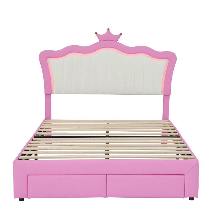 Structure de lit tapissier avec lumières DEL, lit princesse rembourré moderne avec tête de lit couronne, Double