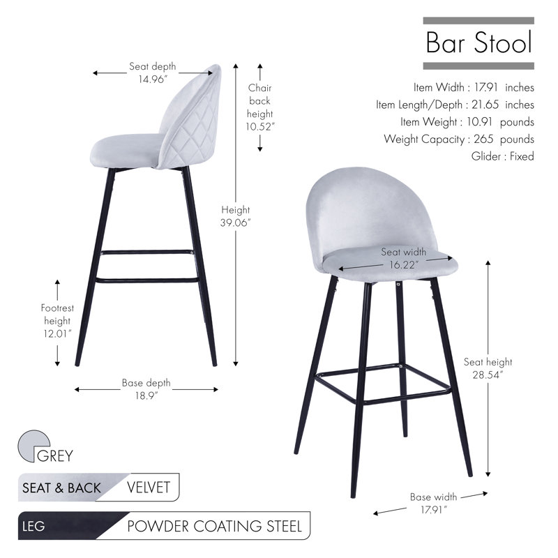 Upholstered Counter Stool with Metal Frame, Light Grey