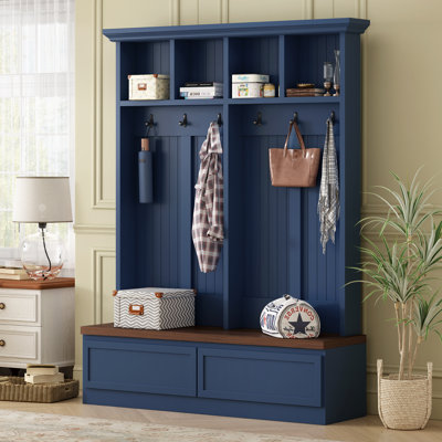 Hall Tree With Bench, Coat Rack, With 2 Drawers & Hooks, Wood, Modern Farmhouse, Entryway