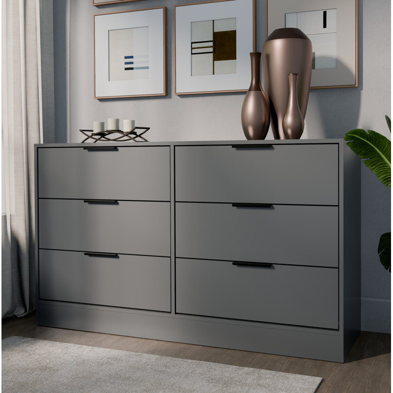 Maiesha 3-Piece Modern Bedroom Furniture Set With 6-Drawer Dresser And 2 Nightstands, Gray
