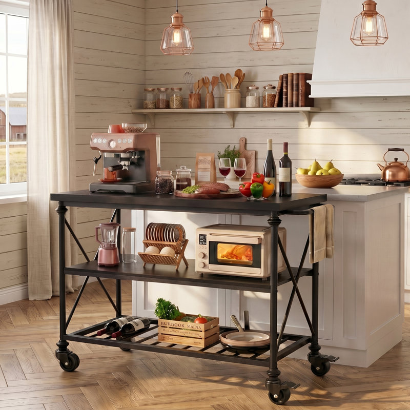 3-Tier Kitchen Island with Locking Wheels and Thickened Wooden Tabletop, Black