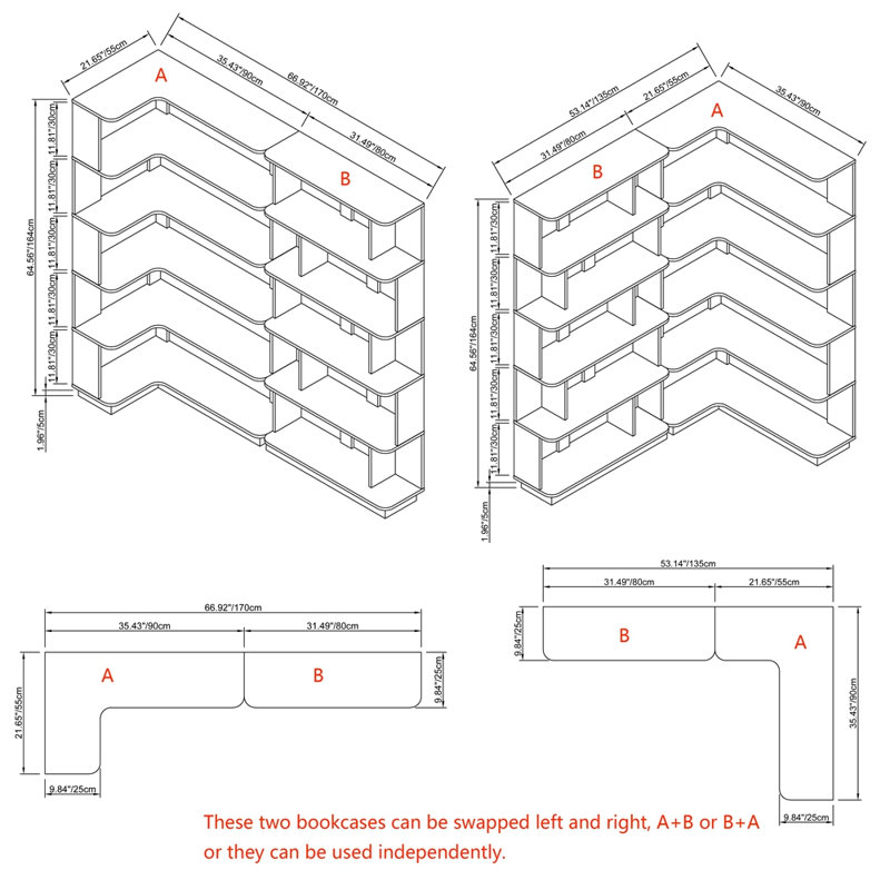 Bibliothèque d'angle peu encombrante de 90 cm + bibliothèque extensible de 80 cm, ensemble de 2 tablettes, meubles combinés et assortis